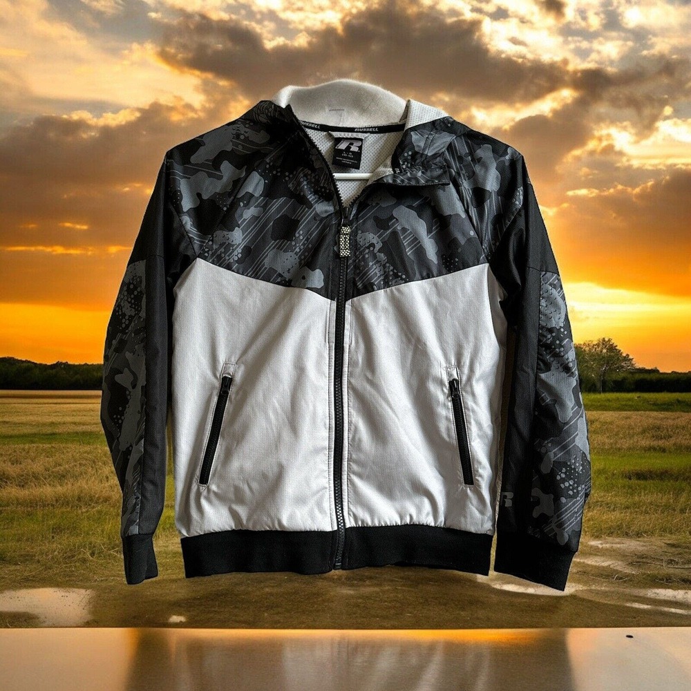 Russell Reflective Athletic Gray Black Camo Hooded Wind Jacket Youth L 10-12